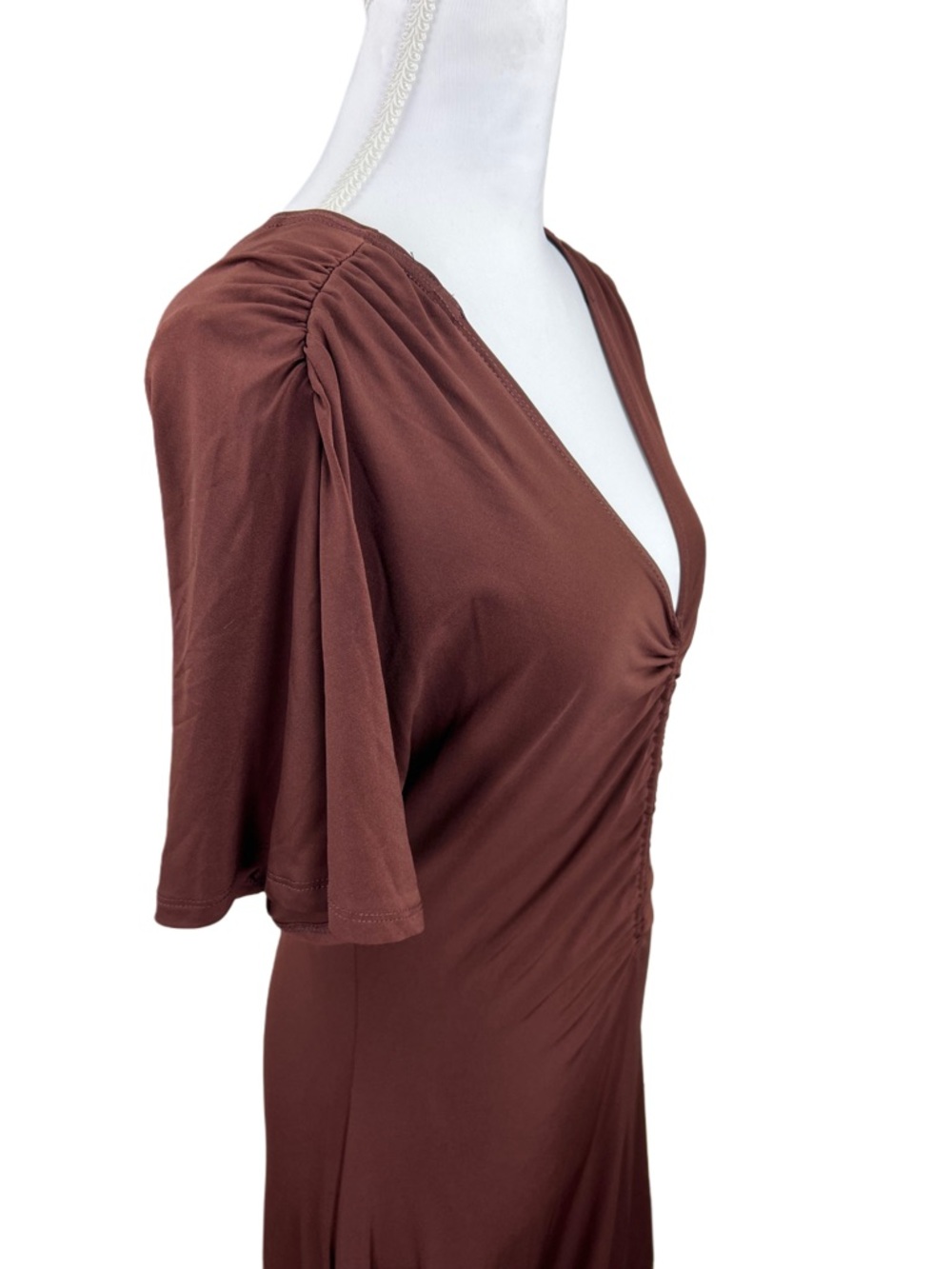 NWT Boston Proper Size Medium Ruched Maxi Dress Brown Deep V Stretch Bodycon - Picture 3 of 8